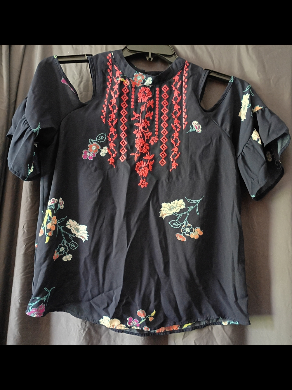 Eyeshadow Navy Cold-Shoulder Blouse with Red Embroidered Front